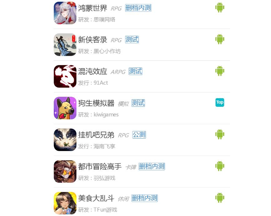 7月第三周新游开测表